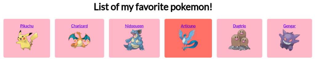 CSS Inheritance - Pokemon list. Notice how the CSS 'broke' (the anchor links have the default styling)